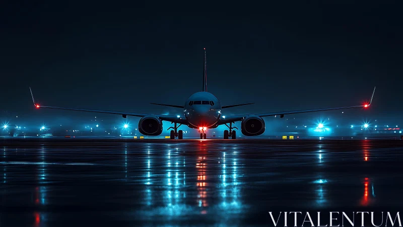 Passenger jet waits on wet runway under blue night lights