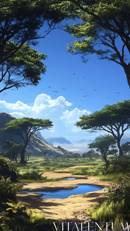 Sunny savanna valley with trees, mountains and waterhole.