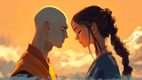 Two Figures Face Golden Sunset Sky. Connection.