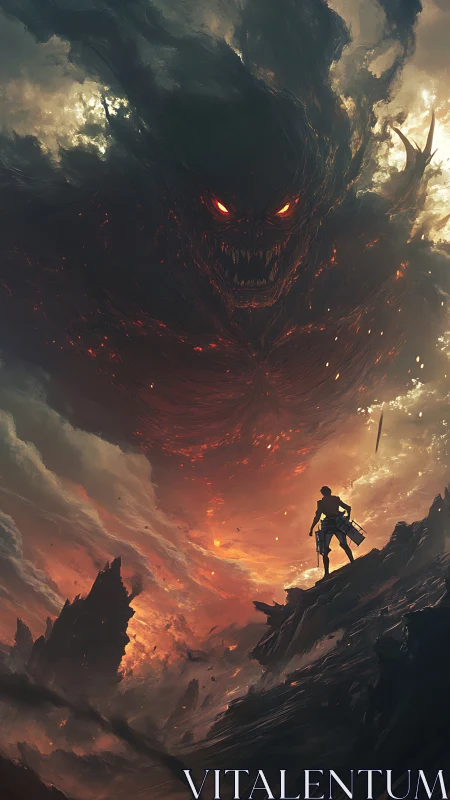 Infernal titan emerging over lone warrior in volcanic storm.