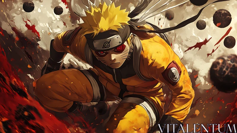 Focused anime ninja in orange gear amid chaotic energy.