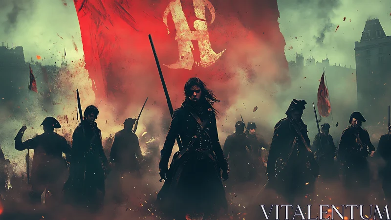 Defiant rebel leader strides forward through swirling smoke.