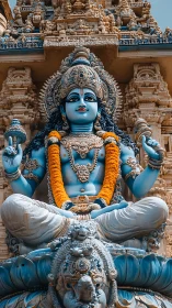 Serene blue deity statue amid ornate temple carvings.