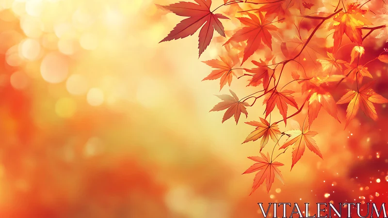 Maple leaves on branch against blurred warm background.