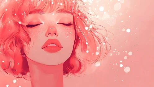 Soft pink digital portrait with serene closed-eyed woman.