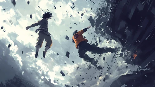 Anime duel shatters sky through explosive aerial clash.