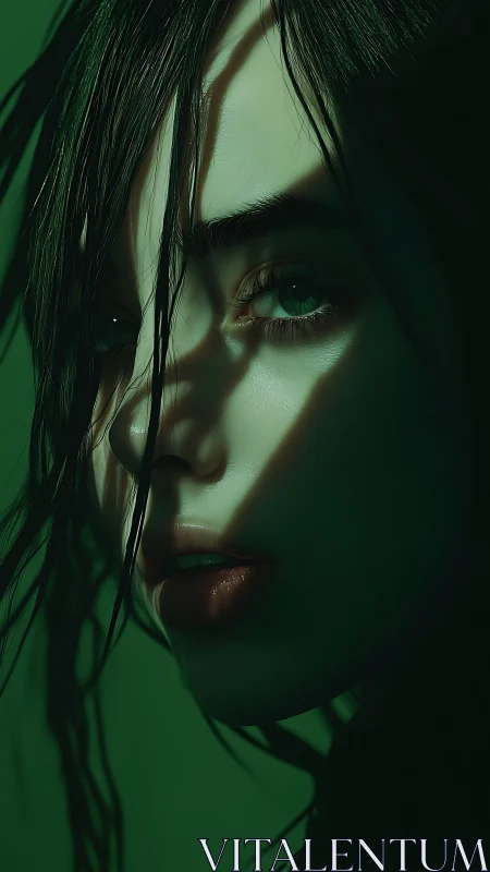 Moody green portrait bathed in dramatic shadowed light.