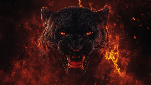 Volcanic black panther portrait in incandescent flame field.