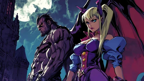 Winged demon pair under full moon in gothic setting.