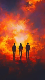 Silhouetted trio walk into blazing abstract sunset portal.