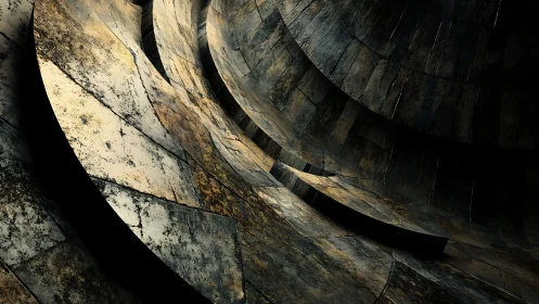 Curved metallic surfaces form layered, weathered segments