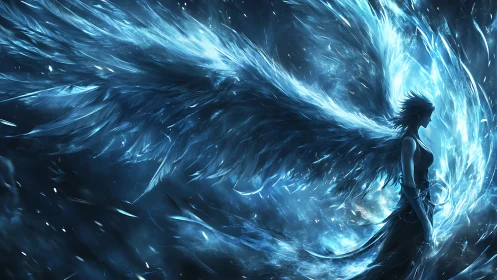 Luminous winged guardian rising from swirling blue starlight.