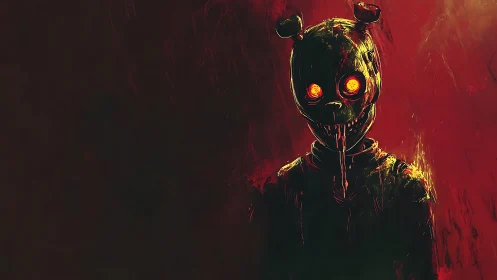 Mechanical horror figure framed by infernal red glow.