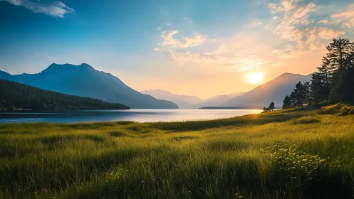 Sunlit mountain lake drifting into a whisper-soft horizon.