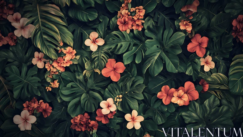 Lush jungle blossoms quietly choreograph a twilight waltz