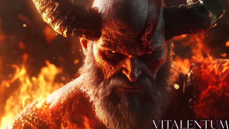 Fiery horned warrior framed by glowing embers and flame.