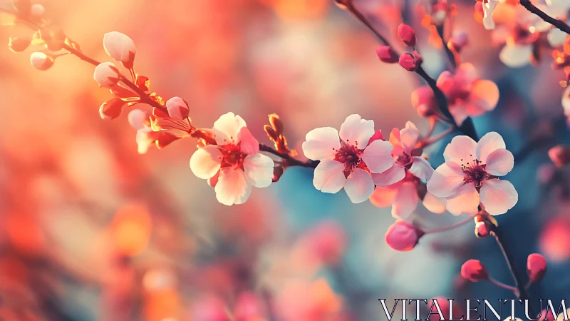 Blush petals drift through sunrise colors and hush the sky