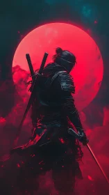 Solitary armored swordsman stands before large red moon