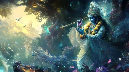 Divine blue figure plays flute in luminous cosmic forest