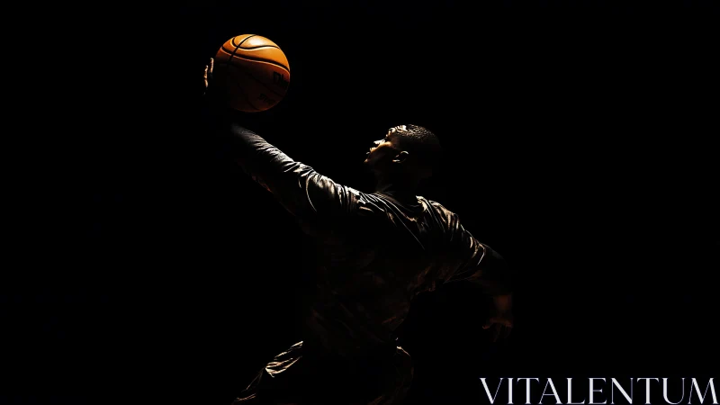 High-contrast low-key photograph of basketball jump reach.
