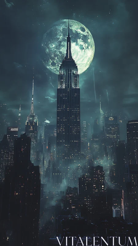 High-rise city skyline under enlarged full moon at night.