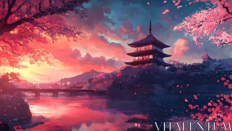 Sakura dusk pagoda dreaming over mirror-bright river.