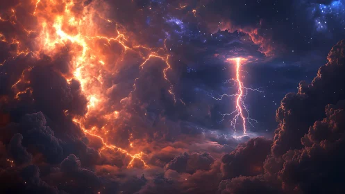 Storm-born pillar of lightning stitches fire into night sky