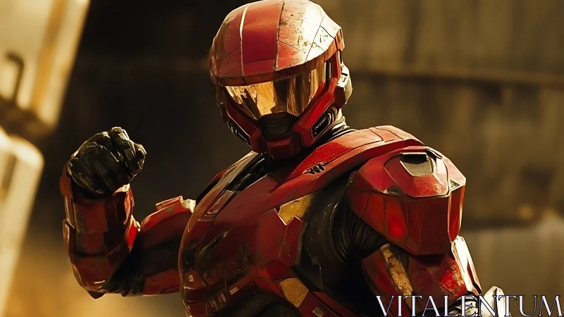 Crimson exosuit brawler throws down in molten sunlight.