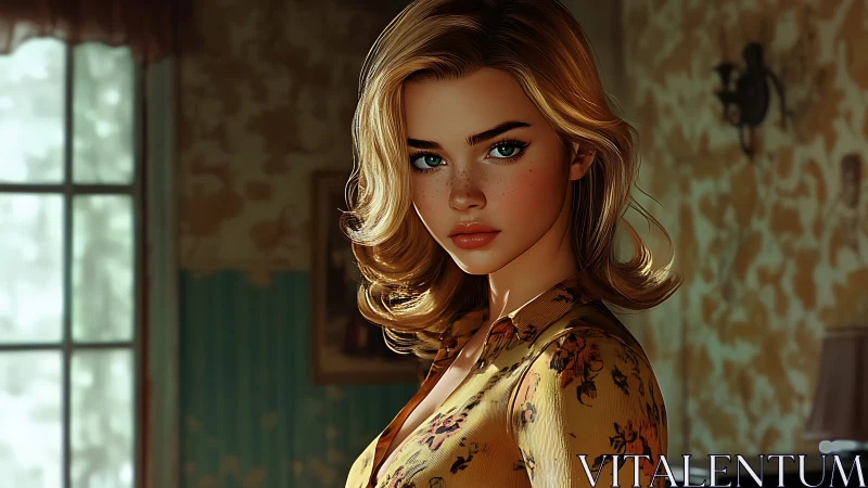 Digital portrait of blonde woman in patterned interior setting.