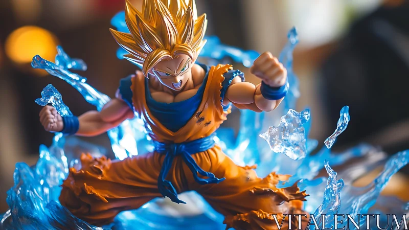 Hyper-detailed anime figurine unleashes dynamic blue energy aura