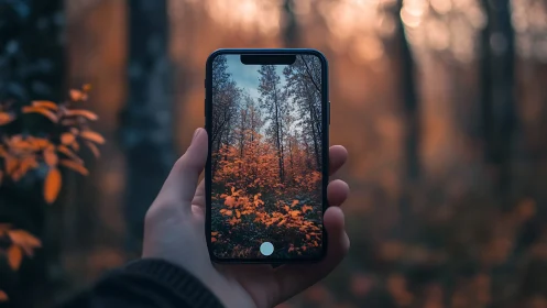 Photorealistic autumn forest framed through smartphone screen.