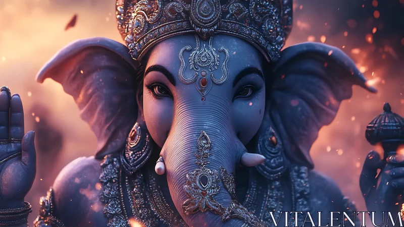 Elephant-headed guardian breathes fire-kissed twilight calm