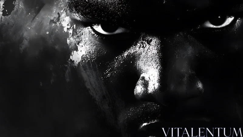 Intense monochrome close up of male face and eyes.