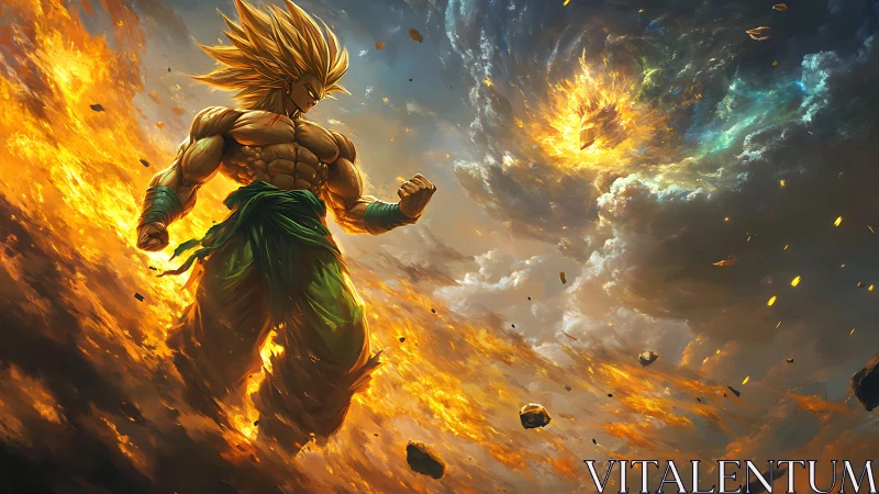 Solar storm warrior strides through a crumbling fiery sky