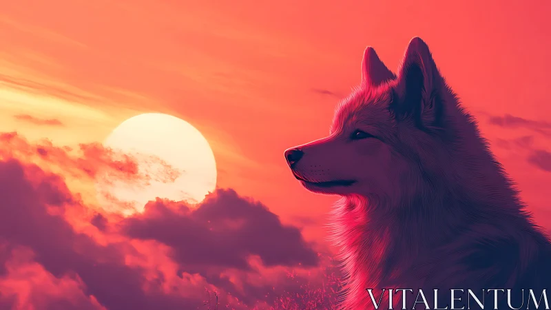 Lone wolf gazes toward a neon pink sunset sky in silence.