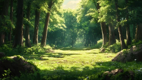 Luminous Forest Glade With Towering Conifers and Dappled Sunlight