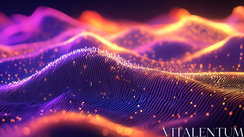 Glowing particle waves form abstract neon digital landscape