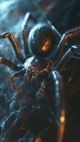 Chrome-legged spider prowls neon web in cinematic close-up