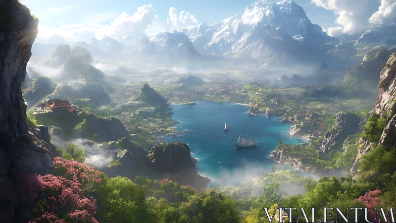 Alpine Valley Landscape with Glacial Lake and Mountain Formations.