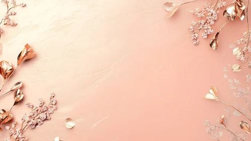 Metallic botanical elements frame a matte peach background