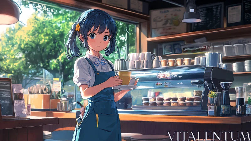Barista in sunlit anime café with reflective espresso machine.
