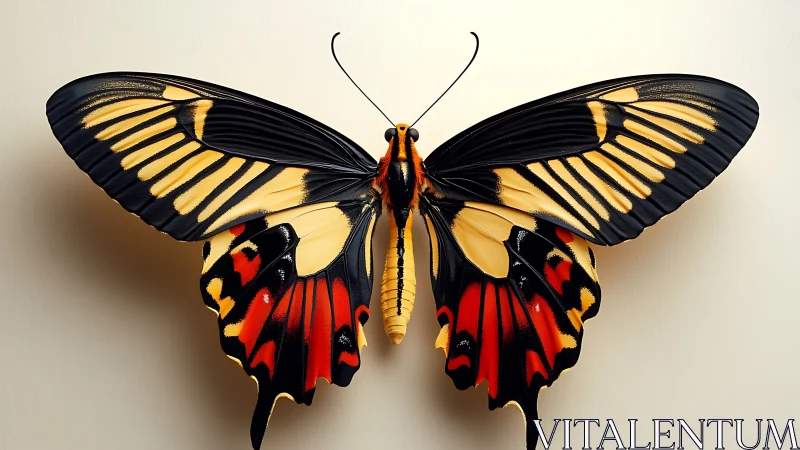 Striking yellow and red butterfly spreads vivid patterned wings.