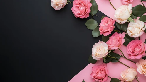 Pink and Cream Roses on Black and Pink Split Background