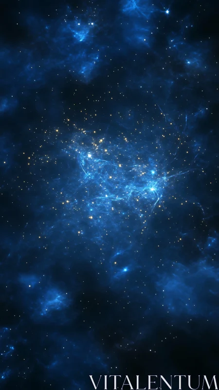 Stellar nebula glows within deep blue cosmic void.
