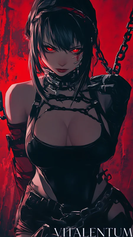 Scarlet-eyed chainbearer in shadowed crimson inferno.