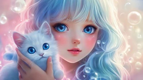 Starlit bubble girl cradling a blue eyed cotton cloud cat.