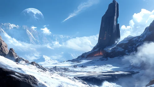 Futuristic monolith rising over frozen exoplanet valley.
