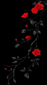 Red Roses with Winding Stemwork Rendered Against Black Background