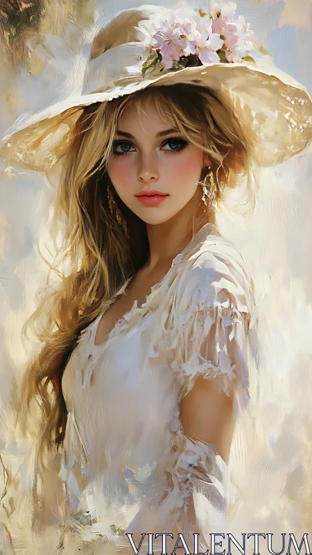 Digital portrait of woman in white dress and floral hat.