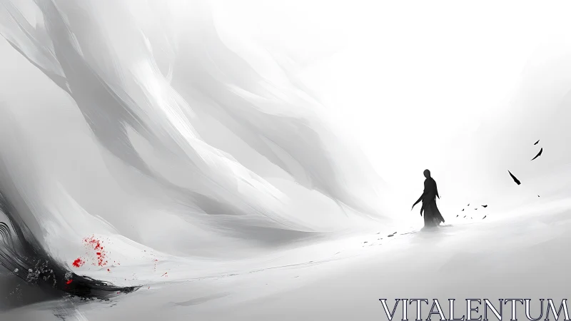 Solitary wanderer moves through quiet snow and distant memory